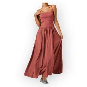 Halara Breezeful Flowy Maxi Dress L Rust Flare Square Neck Casual Minimalist NWT